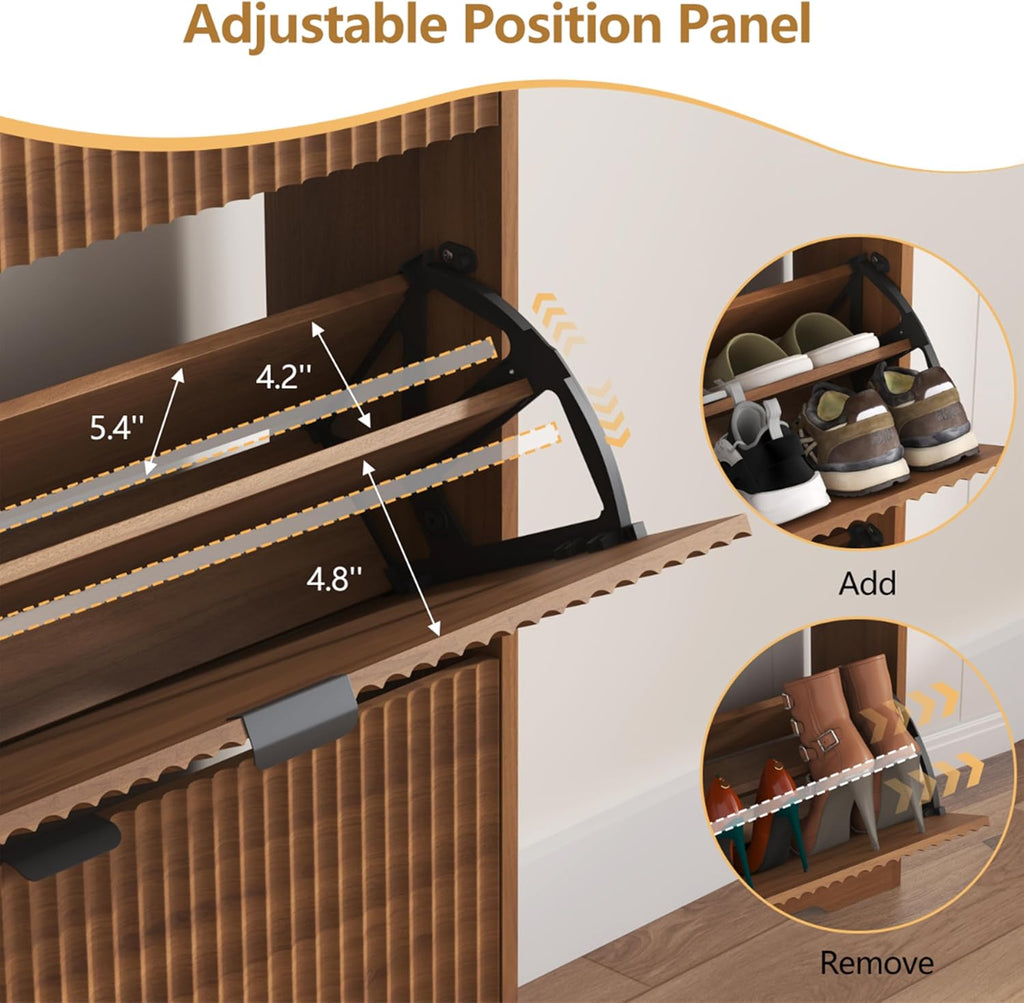 Shoe Cabinet Storage with 4 Flip Drawers, Walnut Fluted Shoe Cabinet with Adjustable Shelves, Wooden Hidden Shoe Rack