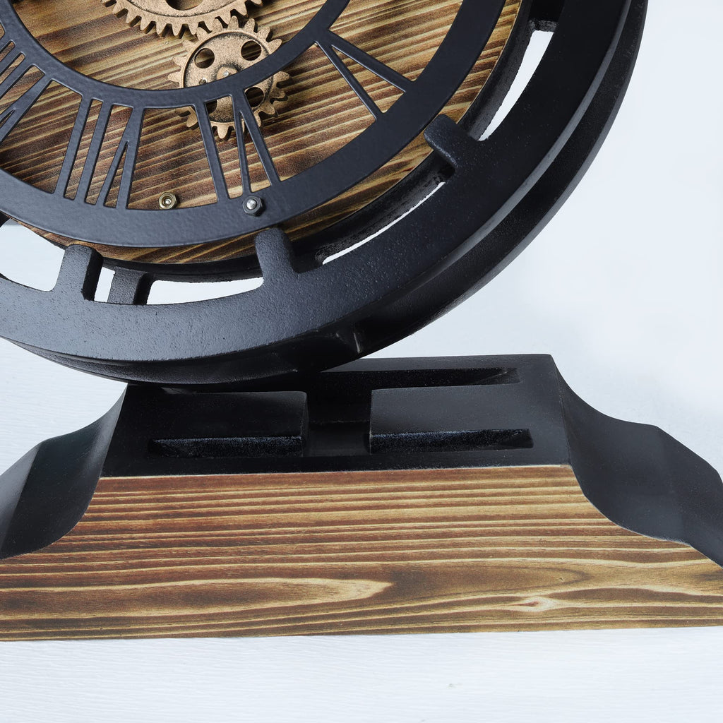 Moving Gears Clock Convertible into Wall Clock, Rustic Mantel Clocks, Brown and Black Vintage Desk Clock 10 Inch