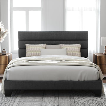King Bed Frame Platform Bed with Fabric Upholstered Headboard and Wooden Slats Support