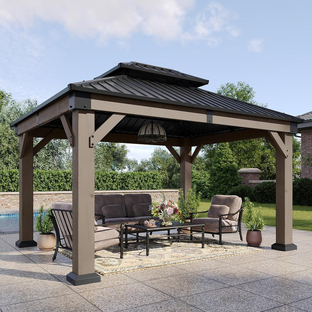 10' x 12' Outdoor Wood Gazebo, Hardtop Gazebo Permanent Wooden Pavilion with Galvanized Steel Double Roof, for Patio, Garden, Deck, Cedar Wood