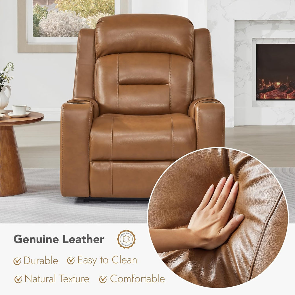 Genuine Leather Power Recliner Chairs for Adults, Lay Flat Recliner with Power Headrest, USB Ports and Cup Holders