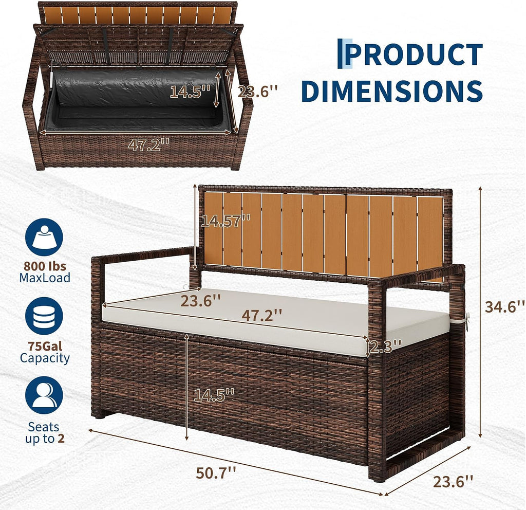 Outdoor Storage Bench with Cushion, 2-Seater PE Rattan Storage Box with Backrest & Armrests, 75 Gallon, 400 lbs
