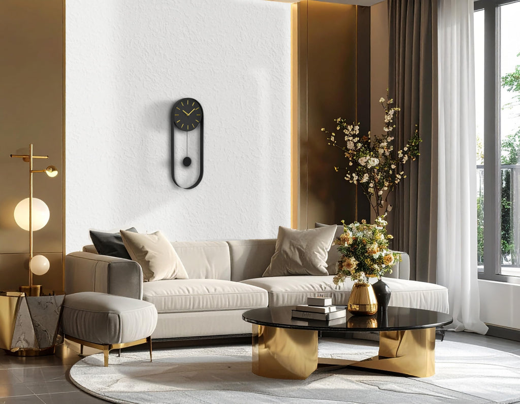 Modern Pendulum Wall Clock, Minimalist Black Iron Wall Clock with Gold Accents, Quartz Movement, Swinging Pendulum