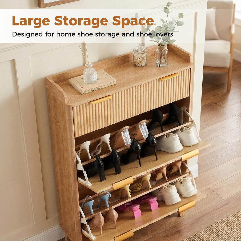 Wood Fluted Shoe Organizer - Slim Shoe Cabinet with 2 Flip Drawers & 1 Drawer, Narrow Shoe Cabinet with Adjustable
