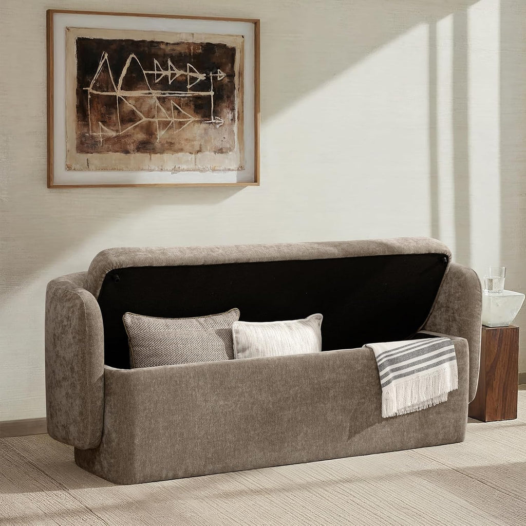 61" Bedroom Storage Bench with Low Backrest, Saddle | Upholstered Chenille End of Bed Bench, Large Storage Ottoman