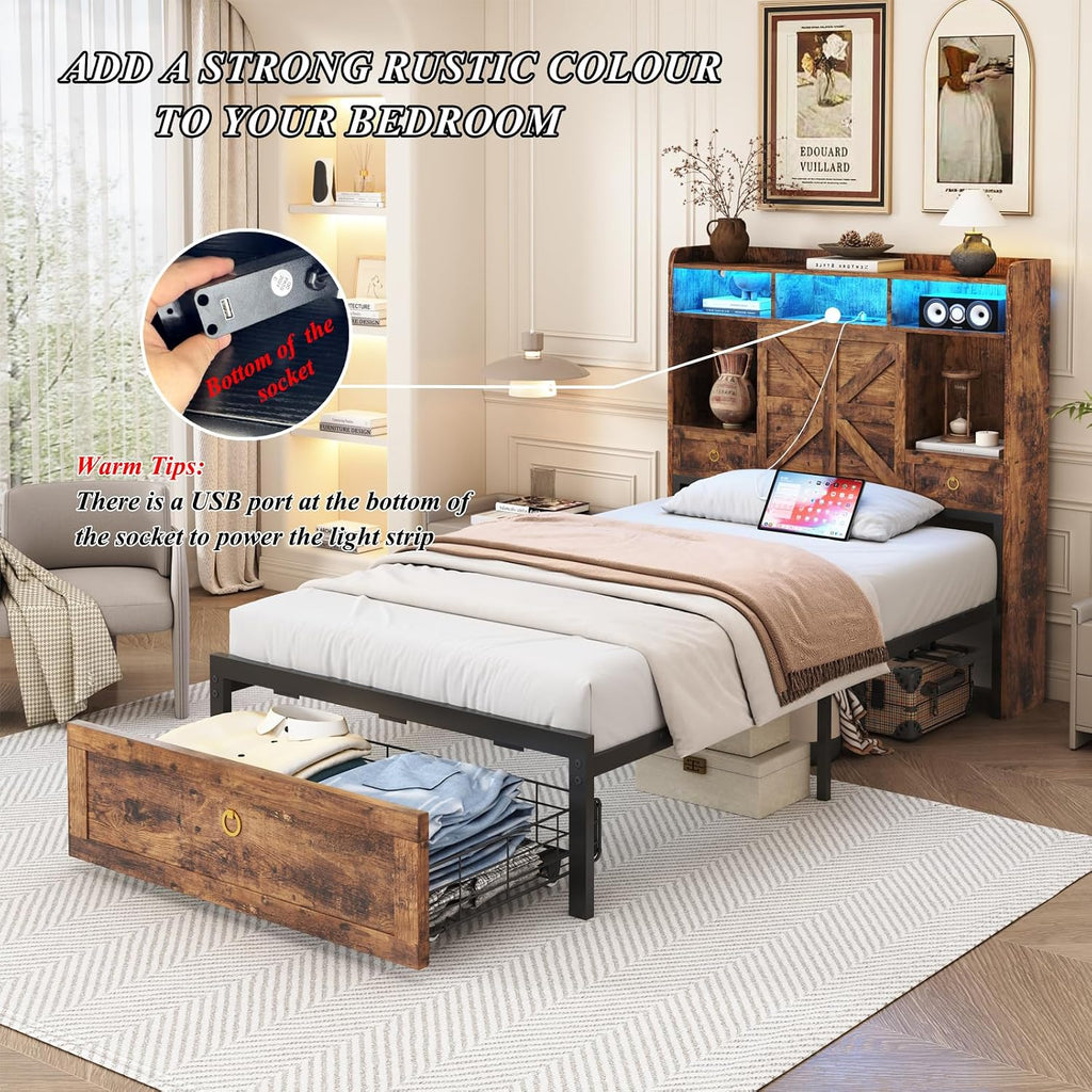 Twin Bed Frame with Storage Headboard and Drawers, Farmhouse Platform Bed Frame with Charging Station & LED Lights