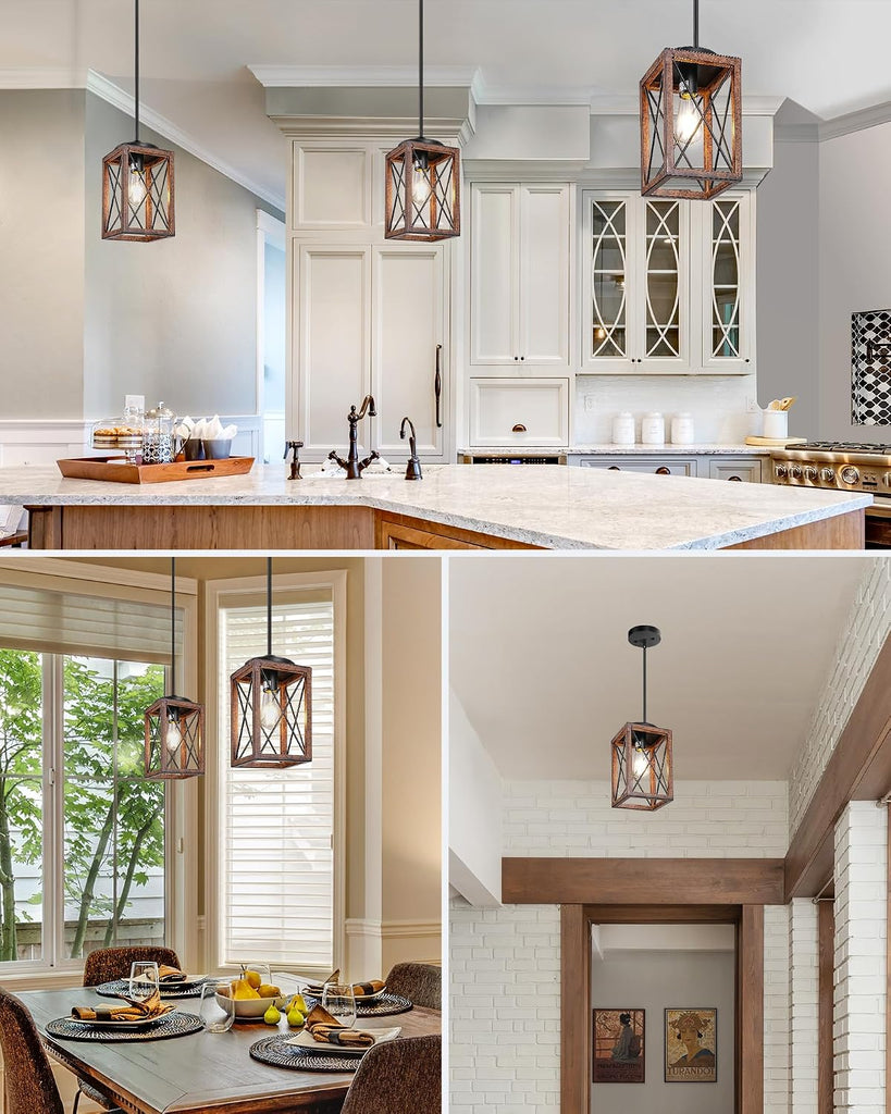 Farmhouse Pendant Light, Metal Hanging Light Fixture with Wooden Grain Finish, 48 Inch Adjustable Pipes for Flat and Slop Ceiling, Kitchen Island, Bedroom, Dining Hall, E26 Base