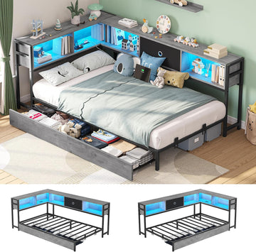 Twin Corner Bed Frame with Storage Drawers and Bookcase Headboard, Twin Size Metal Platform Corner Bed Frame with