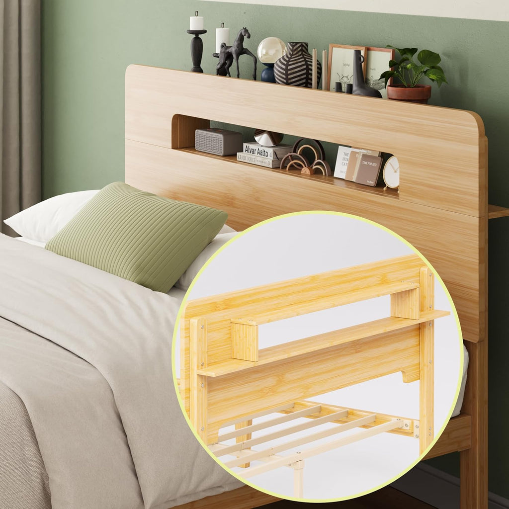Solid Bamboo Wood Queen Bed Frame with Storage Headboard, 14 inch Platform Bed Frame Queen No Box Spring Needed with Steel Slats, Sturdy and Stable, Easy Assembly, Noise Free