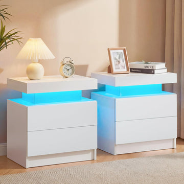 Nightstands Set of 2,LED Night Stand Set 2,Bedside Table with Wood Drawers,Modern End Side Table ,White