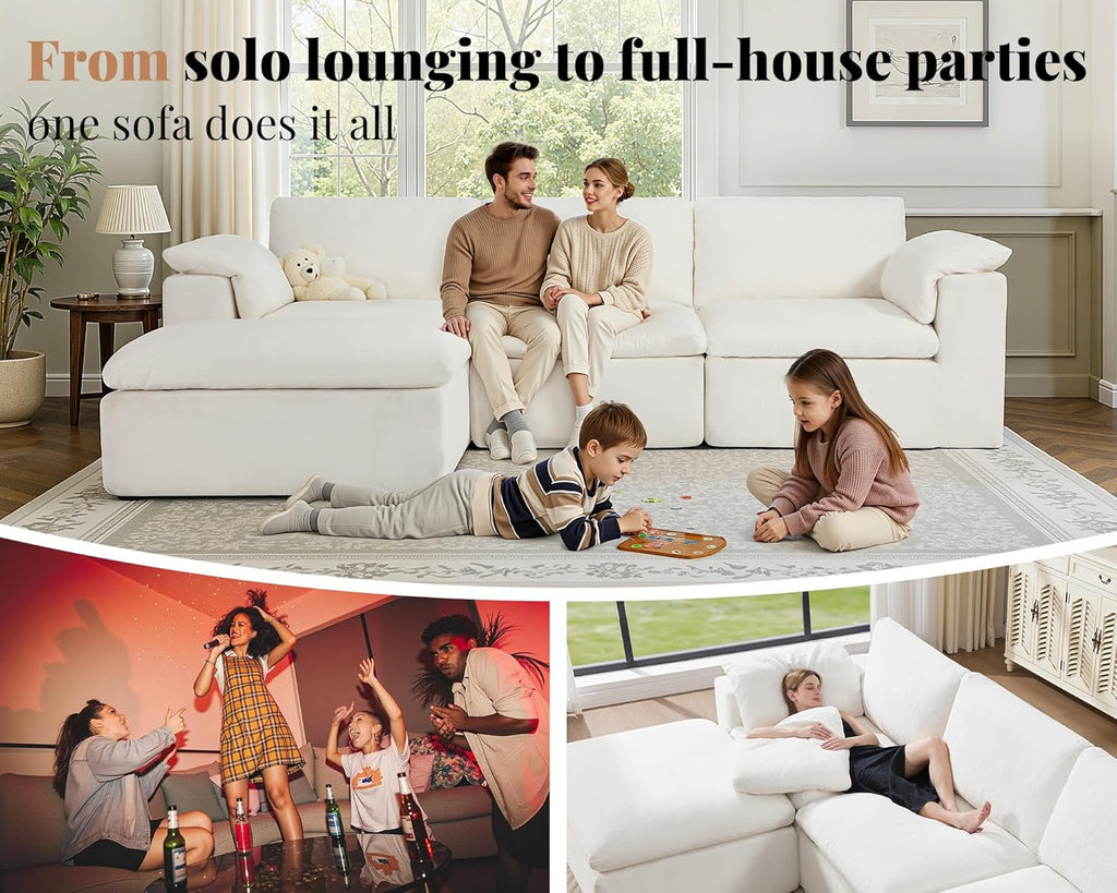 120" Cloud Modular Sectional Sofa, No-Assembly Oversized Chenille Couch with 76.4" Extra-Deep Chaise, Modern White