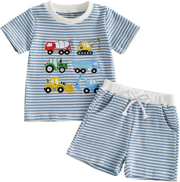 Toddler Baby Boy Summer Clothes Waffle Truck Embroidery Short Sleeve Tops T-Shirt and Shorts Sets Cute 2Pcs Outfits