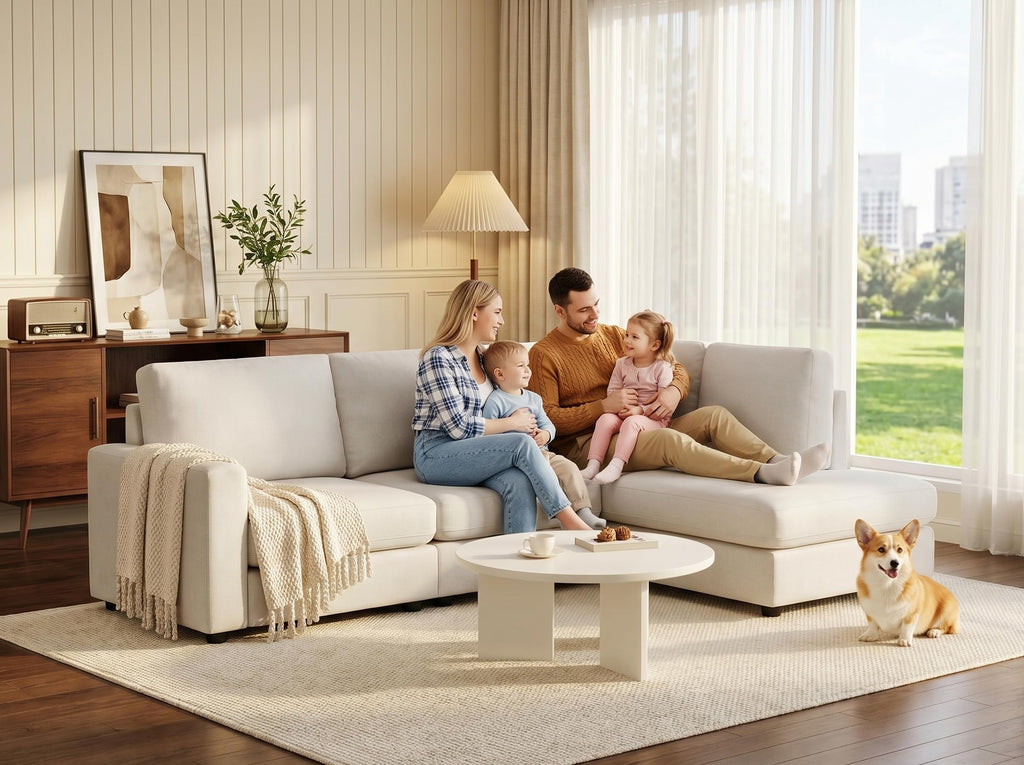 100" L-Shaped Sectional Couch with Reversible Deep Chaise, Beige