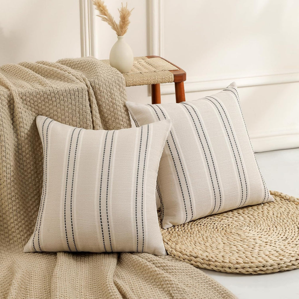 Decorative Pillow Covers 18x18 Striped Throw Pillows Textured Linen Pillow Covers Farmhouse Decor Cushion Covers, Grey