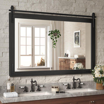 Farmhouse Bathroom Mirror, 48"x30" Black Farmhouse Mirror with Rustic Wood Framed, Barn Door Vanity Mirrors for Wall