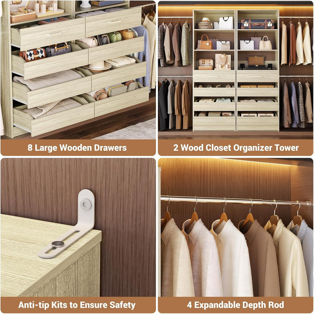Closet System with 12 Drawers, 8.5-11.5Ft Wood Closet Organizer System with 4 Hanging Rods & 3 Towers, 4Ft & 6Ft
