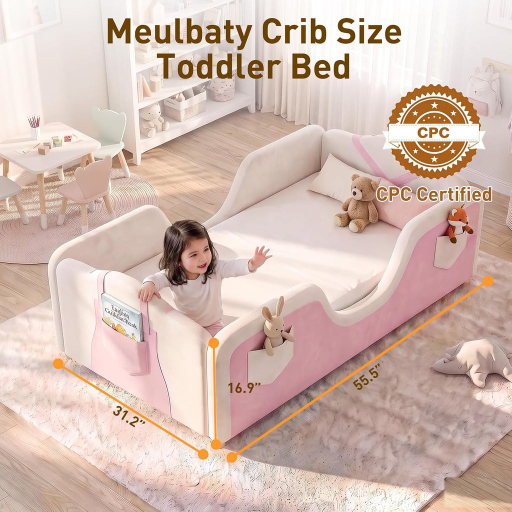 Toddler Bed, Toddler Floor Bed, Upholstered Toddler Bed Frame | Montessori Kid Bed, Wood Slats, 6 storage pockets