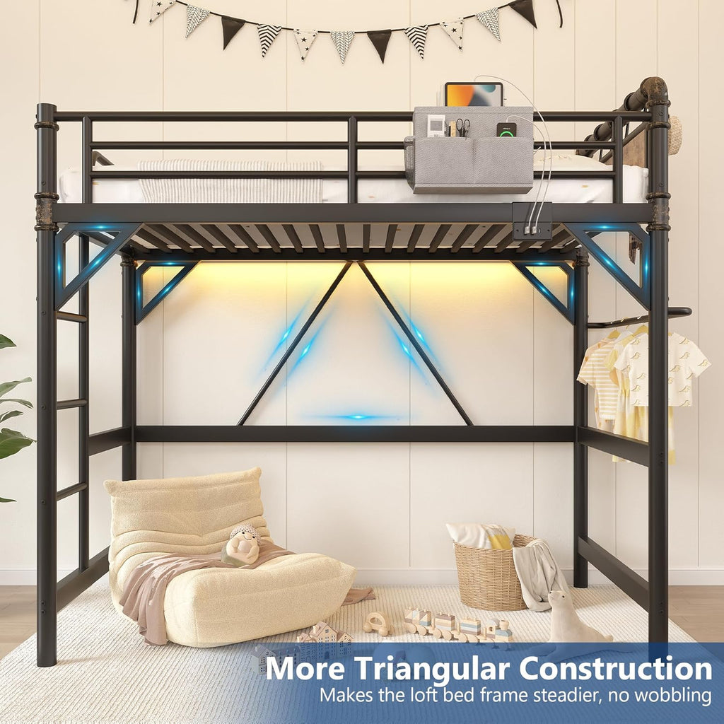 Twin Loft Bed with LED Lights and Charging Station