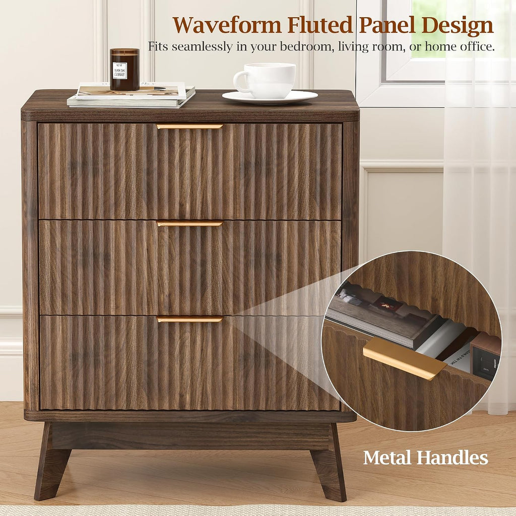 23.6" Wide Fluted Nightstand with 3 Drawers, Walnut Wood Night Stand, Modern Mid Century Bedside Table , Wooden
