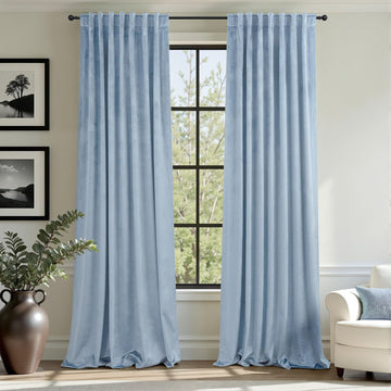 Dusty Blue Velvet Curtains 84 Inches Long 2 Panel Back Tab Rod Pocket Thermal Insulated Room Darkening Stone Light