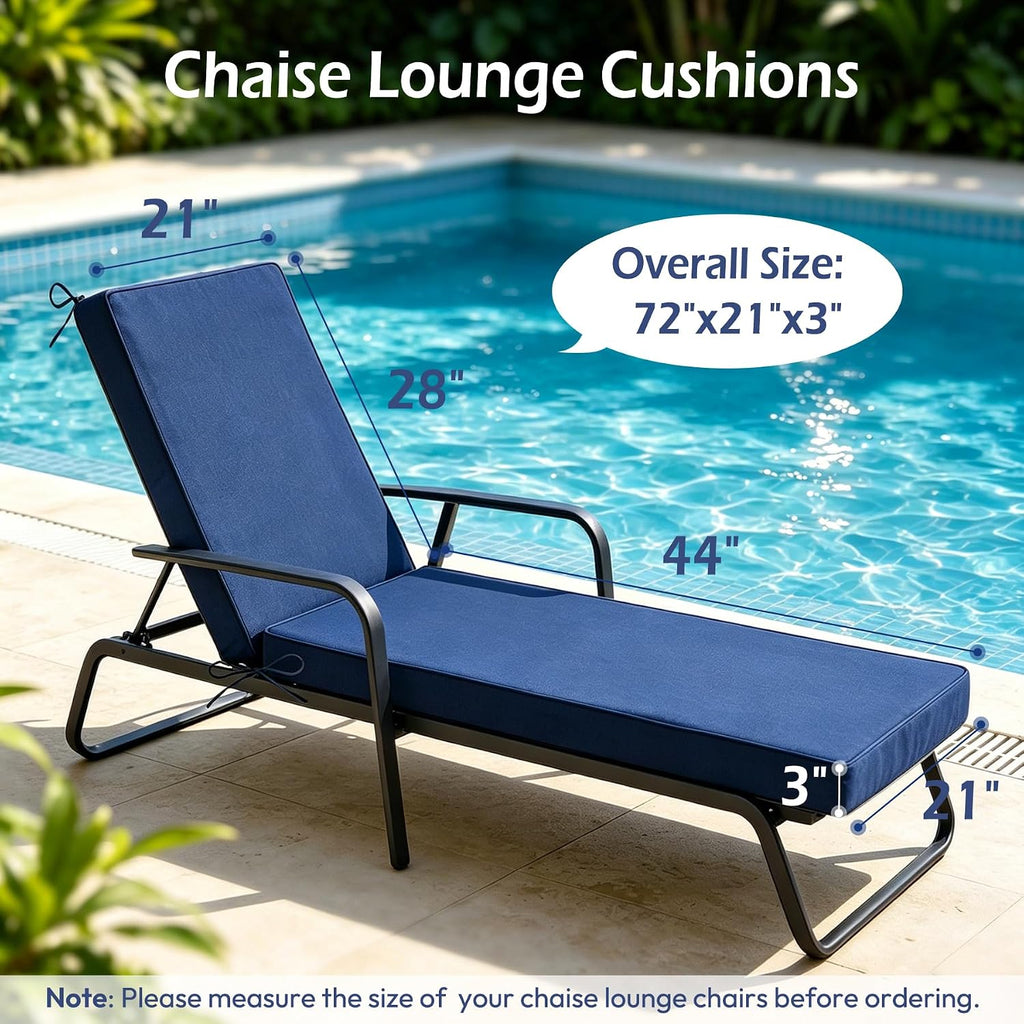 Chaise Lounge Cushions Outdoor, 72"x21"x3", Navy Blue