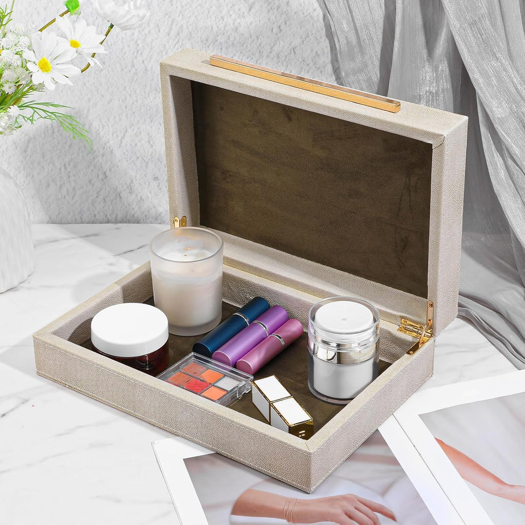 Decorative Boxes with Lids Ivory Shagreen Faux Leather Keepsake Box for Jewelry Organizer Modern Home Decor