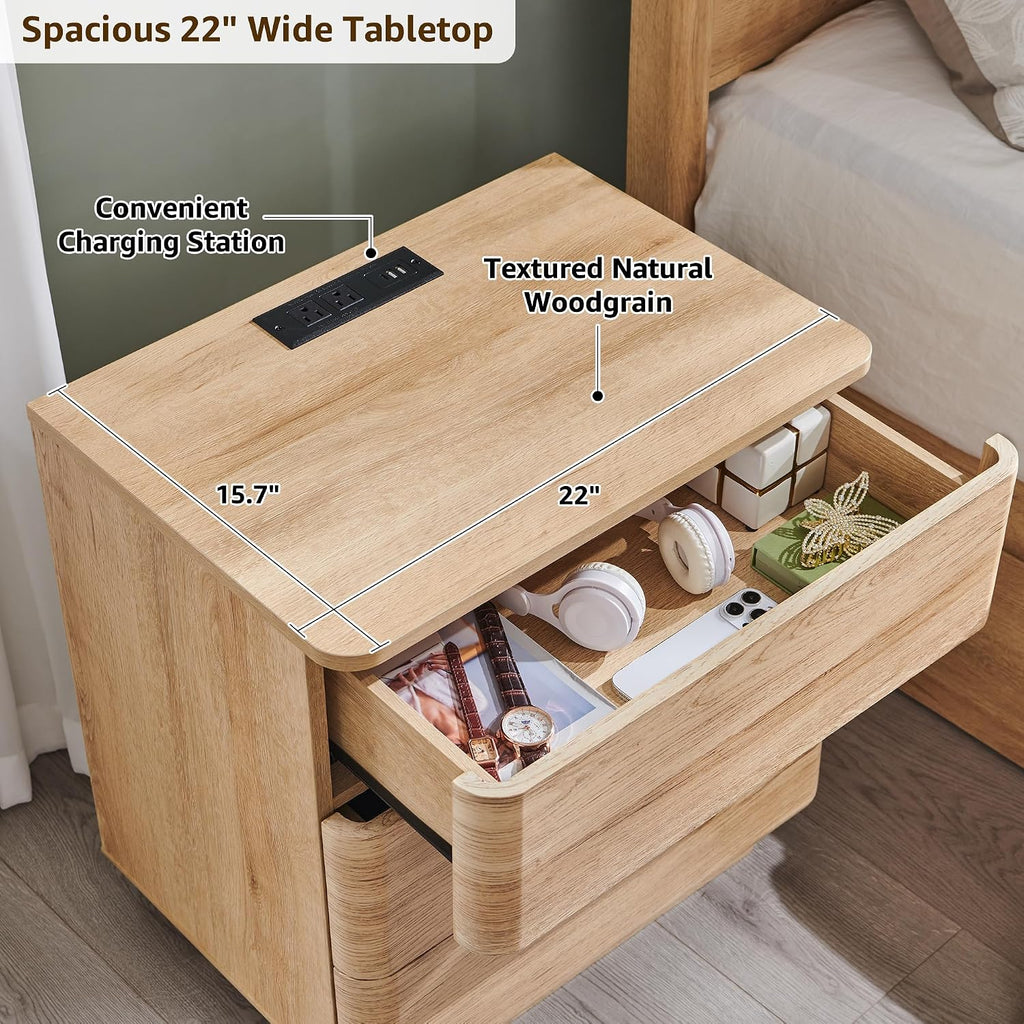 22" Modern Nightstand with Charging Station, Push-to-Open Handleless 3-Drawer Bedside Table, Large End Table with
