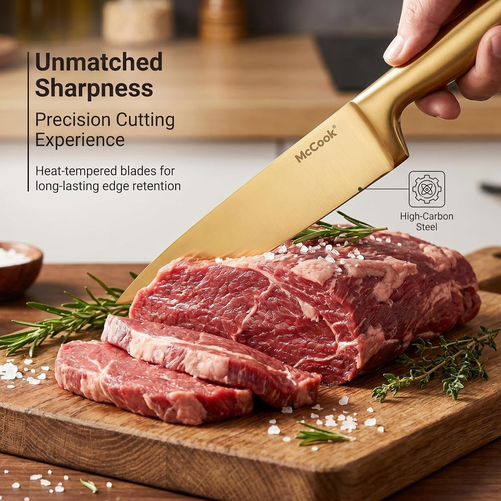 Knife Sets, Golden Titanium Stainless Steel Kitchen Knife Block Sets with Built-in Sharpener, 15 Piece Knives