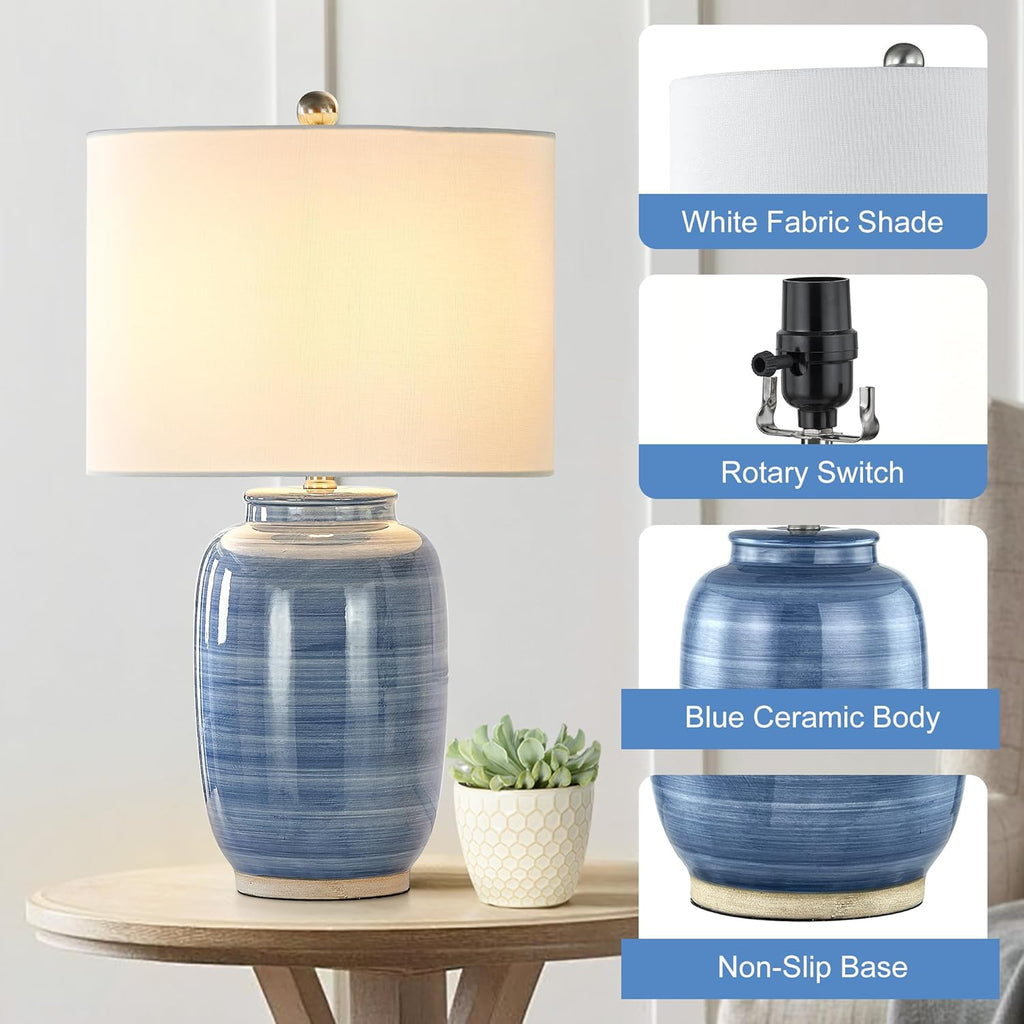 25" Blue Table Lamp, Modern Ceramic Lamp with White Shade, Coastal Blue Bedside Nightstand Lamp Home Office
