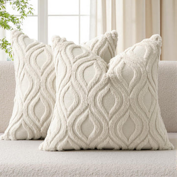 Beige Throw Pillow Covers 18x18 Inch, Neutral Soft Plush Faux Wool Solid Couch Pillows Set of 2, Decorative Farmhouse