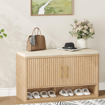 Fluted Shoe Storage Bench with Cushion, Entryway Bench with Adjustable Shelves and Open Bottom Shelf, Hidden Shoe