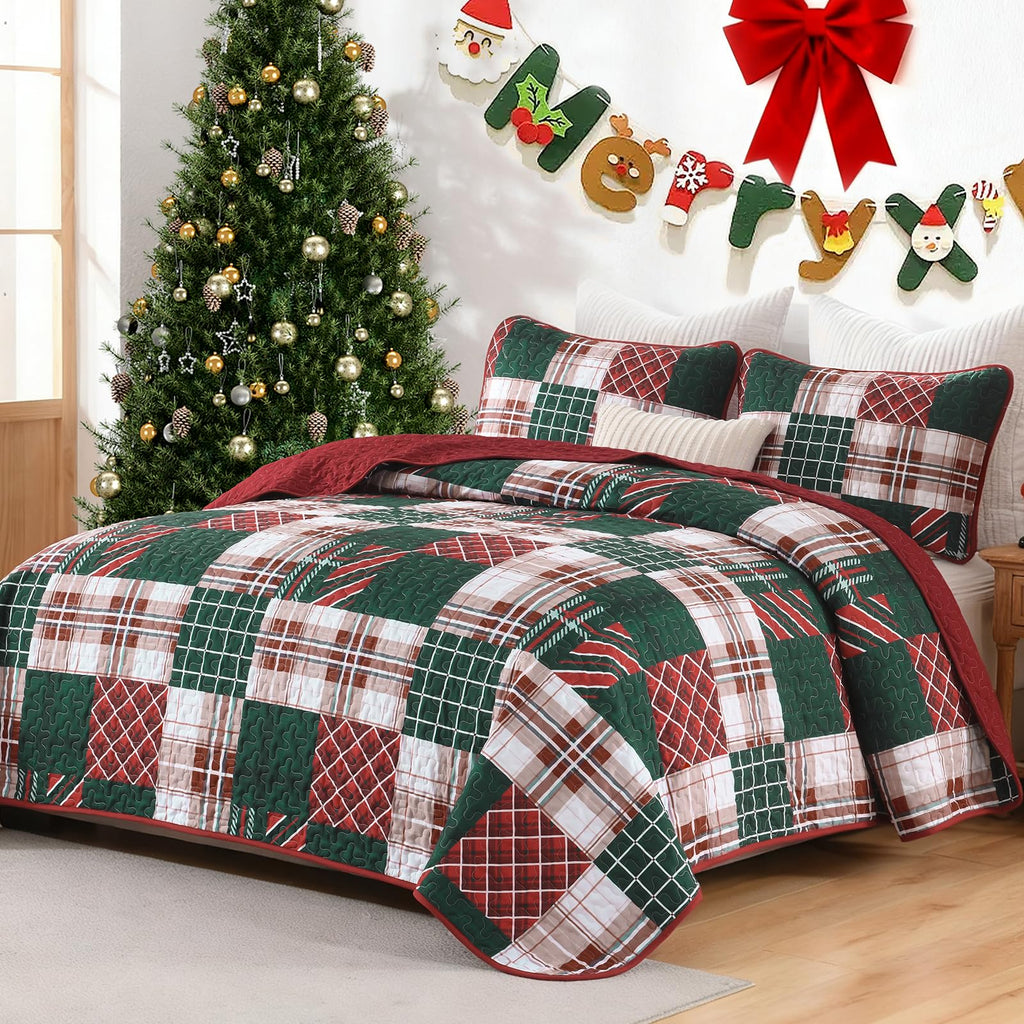 Christmas Quilt Set King Size, Red Green Plaid Patchwork Holiday Bedspread
