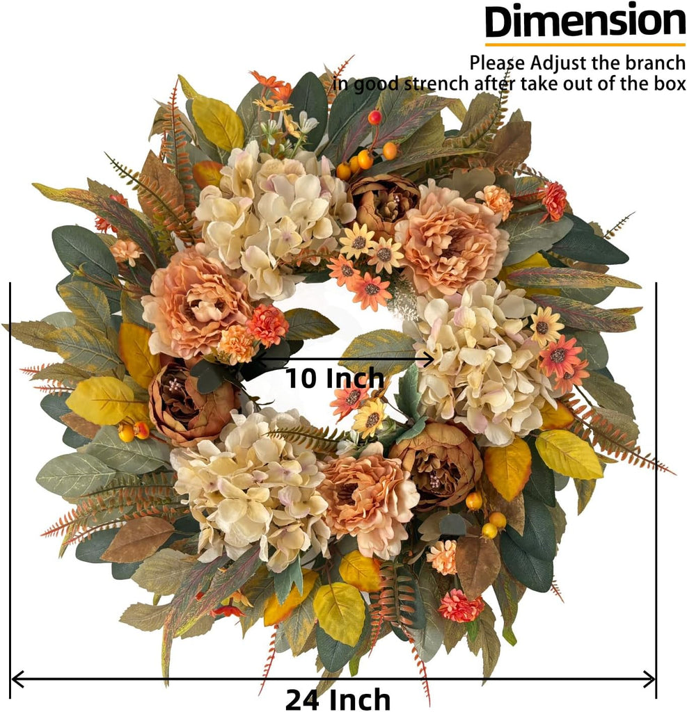 24 Inch Fall Hydrangea Peony Wreath for Front Door