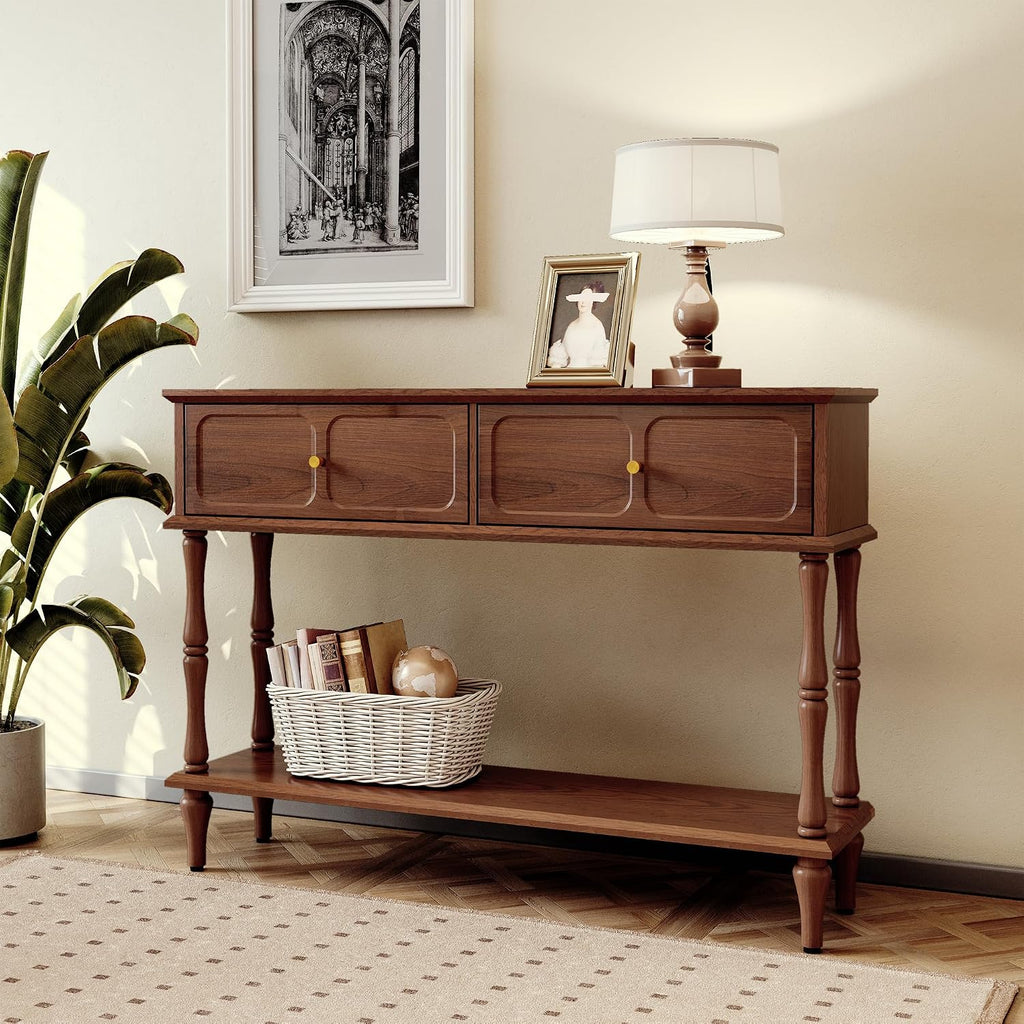 Console Table with Drawers , Mid-Century Entryway Table with Storage, Brown Narrow Entryway Table with Open Shelf
