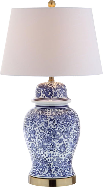 29.5" Blue/White Ceramic Table Lamp and Office, White Linen Drum Shade, Traditional Chinoiserie Ginger Jar Lamp