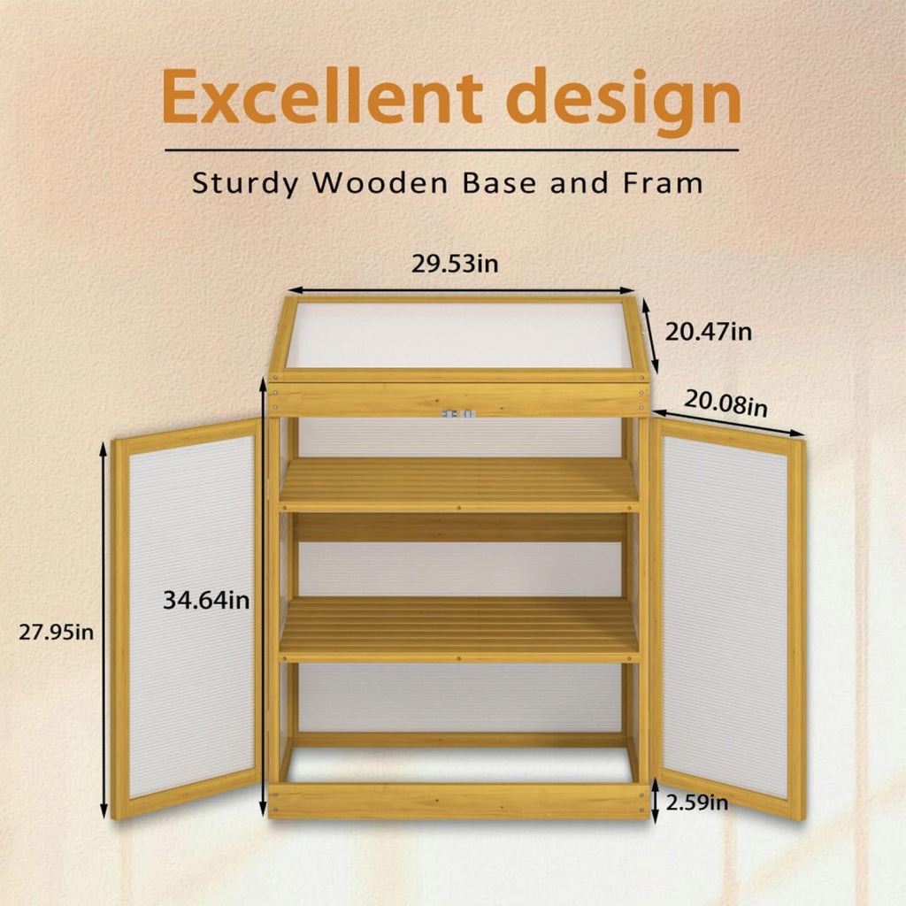 Wooden Cold Frame Greenhouse for Outdoor, Mini Polycarbonate Garden Greenhouse Cabinet with Adjustable Shelves