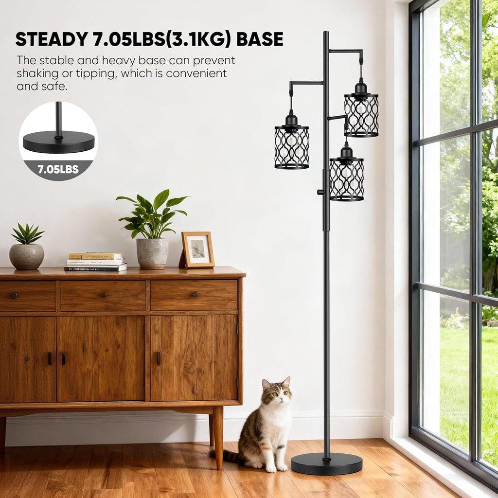 Dimmable Farmhouse Floor Lamp, Industrial Floor Lamp with 3 X 6W LED Bulbs, 3 Light Rustic Standing Tall Lamp, 68"