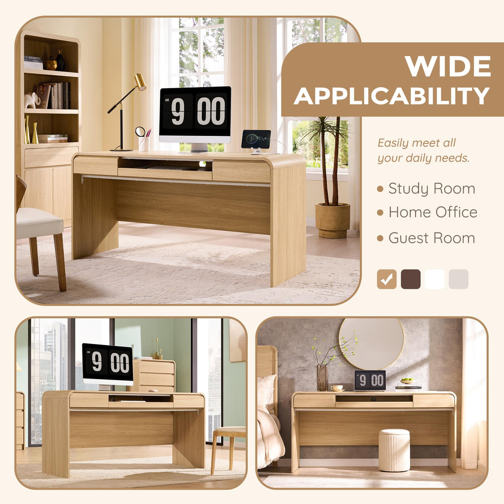 63" Modern Computer Desk with 2 Drawers, Wood Curved (Natural)