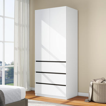 Wooden Wardrobe Closet with 2 Doors: 75" Bedroom Armoire Wardrobe Closet with 3 Drawers, White Cabinet with Hanging