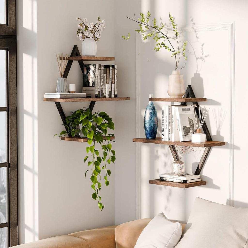 Floating Wall Shelves, Set of 2, Rustic Brown | 3-Tier Hanging, Wall Mounted, Sturdy & Durable
