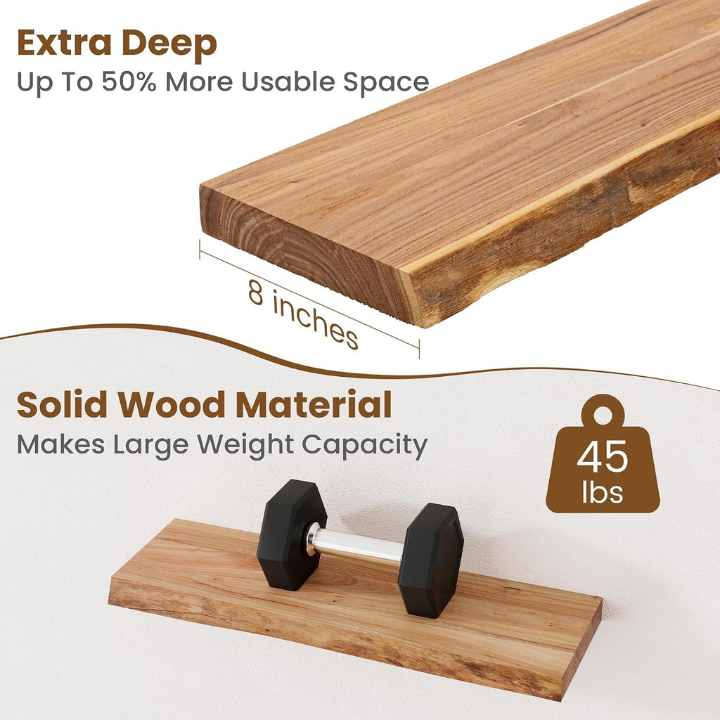 Floating Shelves for Wall Decor, Rustic Solid Elm Wood Live Edge Floating Shelves Wall Mounted, Wall Shelves with