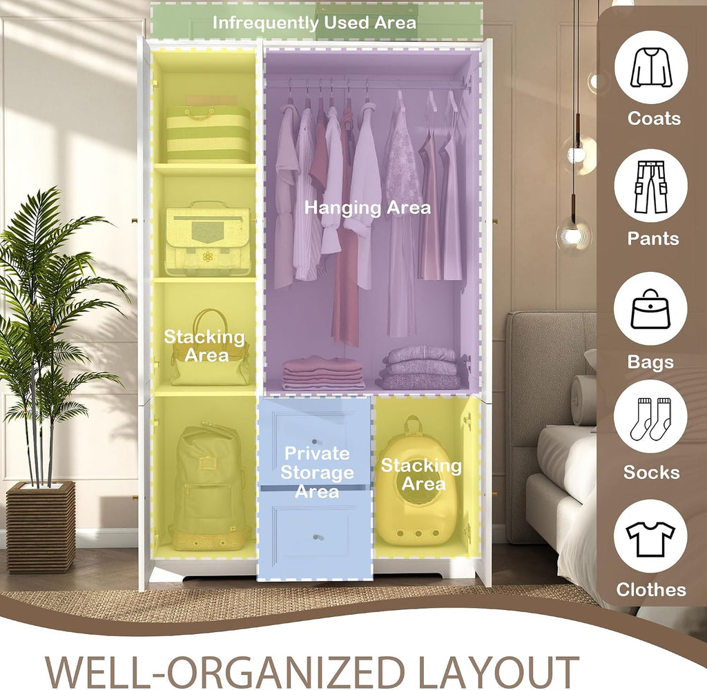 Armoire Wardrobe Closet with Drawers: 74" White Wardrobe Closet with 3 Doors, Tall Bedroom Armoires for Clothes, Wood