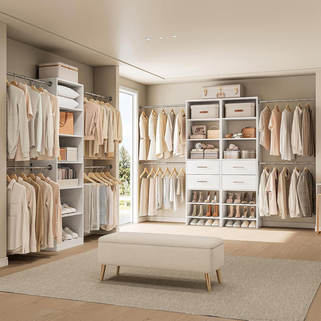 W2 Closet System with 2 Drawers, 3.5FT-7.7FT Closet Organizer System with 4 Chrome-Plated Telescopic Rods & 5