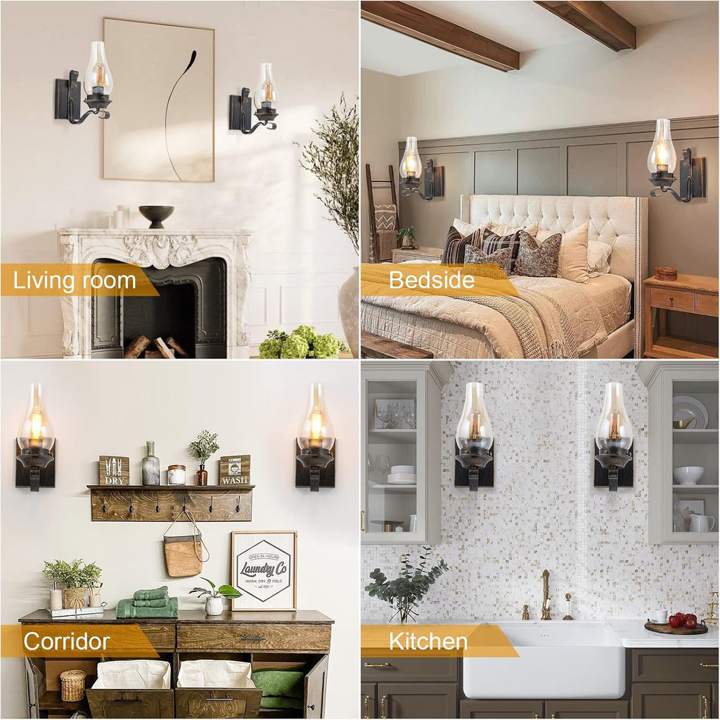 Wall Sconces Sets of 2, Oil Rubbed Bronze Hardwired Wall Sconce Indoor, Retro Rustic Wall Lamps with Amber