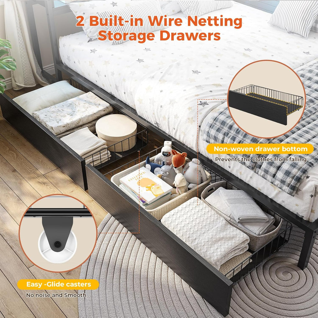 Corner Twin Bed Frame with Bookcase Storage and Led Lights Metal Platform Bed Frame with 2 Drawers and Charging