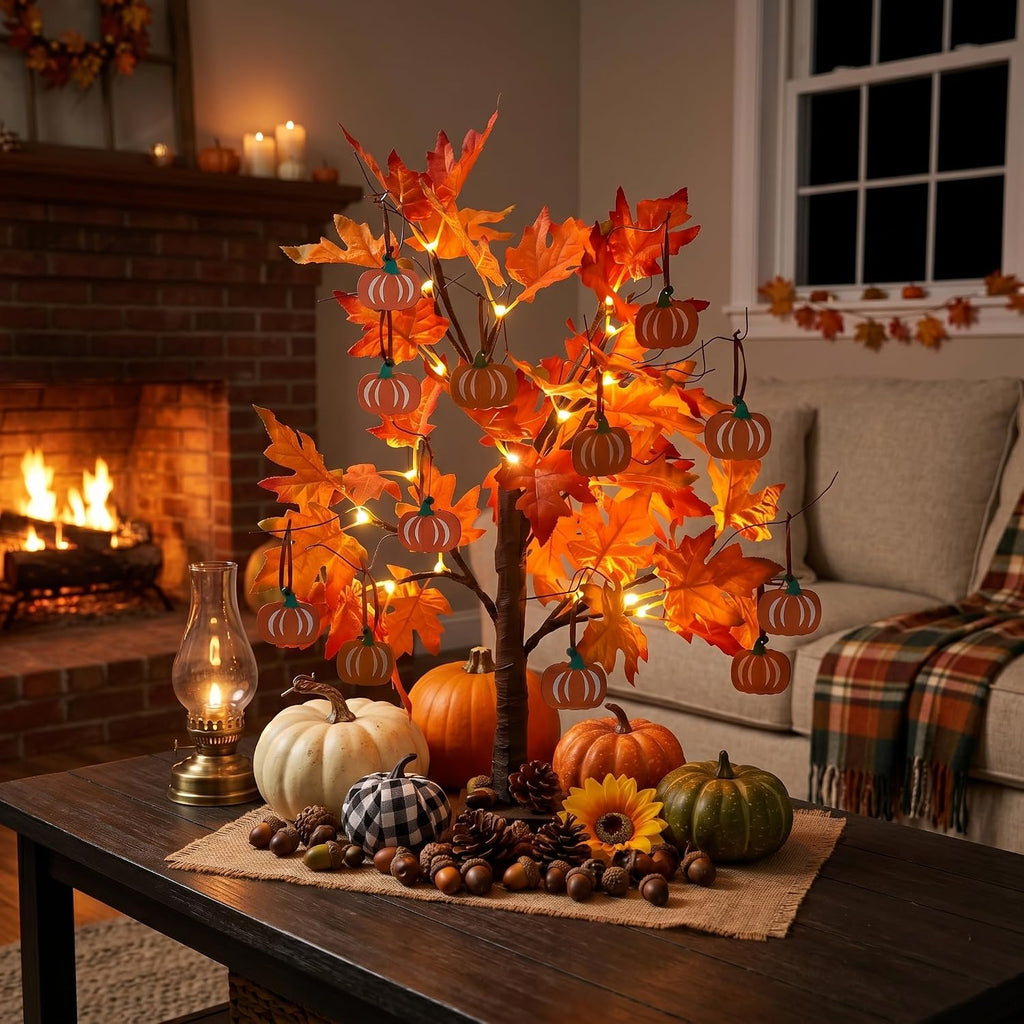 Fall Decorations, Thanksgiving Decorations, 24"2FT Lighted Maple Leaves Tree with 24 LEDs & 12 Wood Pumpkin
