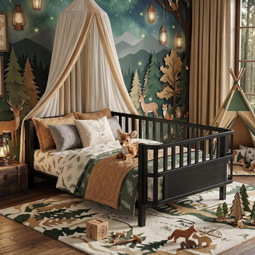 Twin Kids Bed Frame with Rails, Low Profile Montessori-Style Metal Bed for Boys Girls Teens, Removable Side Rail