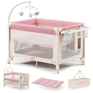 5 in 1 Play Yard - One-Step Setup Bedside Crib, Portable Playard with Mattress, Storage Bag