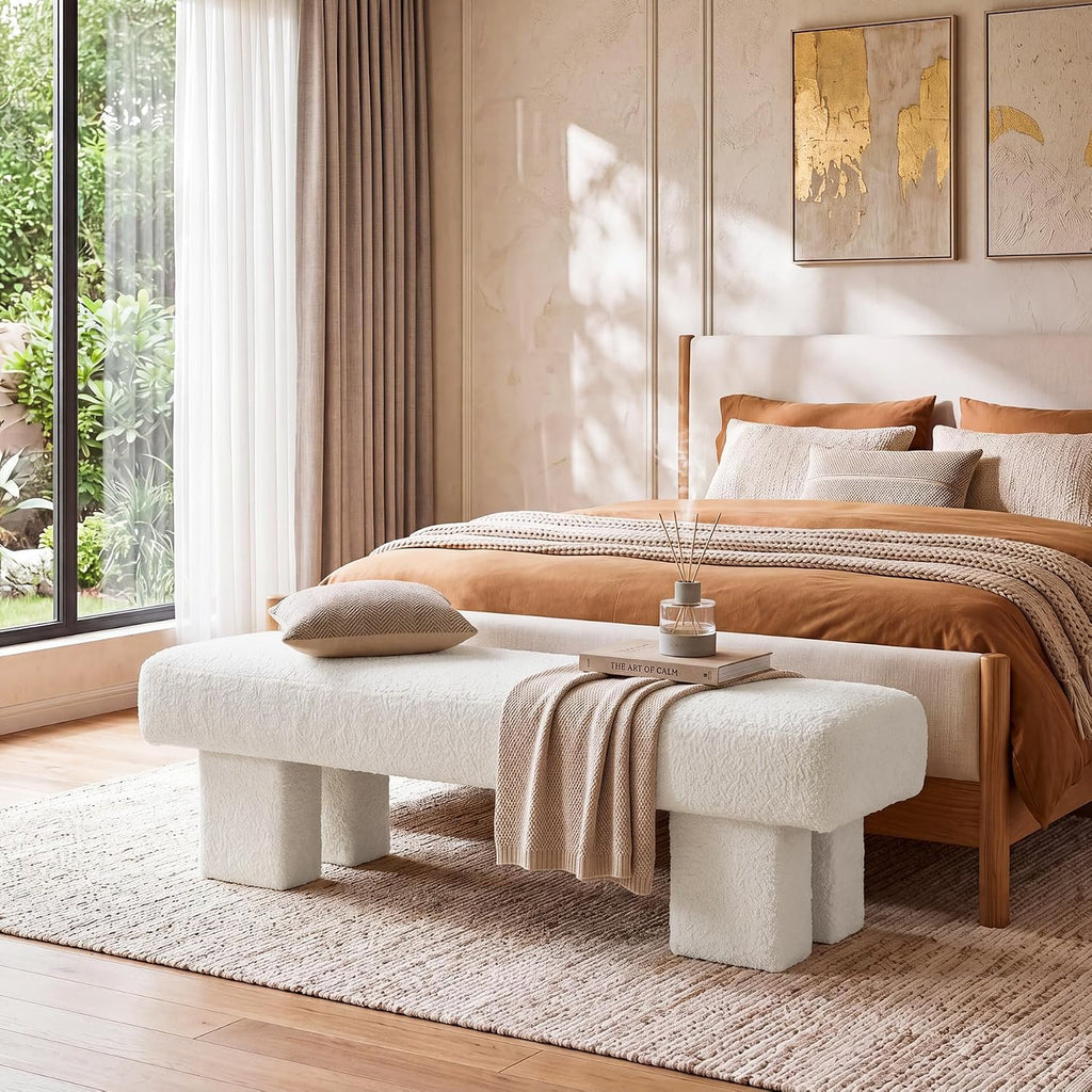 59" White Upholstered End of Bed Bench, Long Bench | Modern Bench for King Bed, High Resilience Entryway Bench ,Teddy