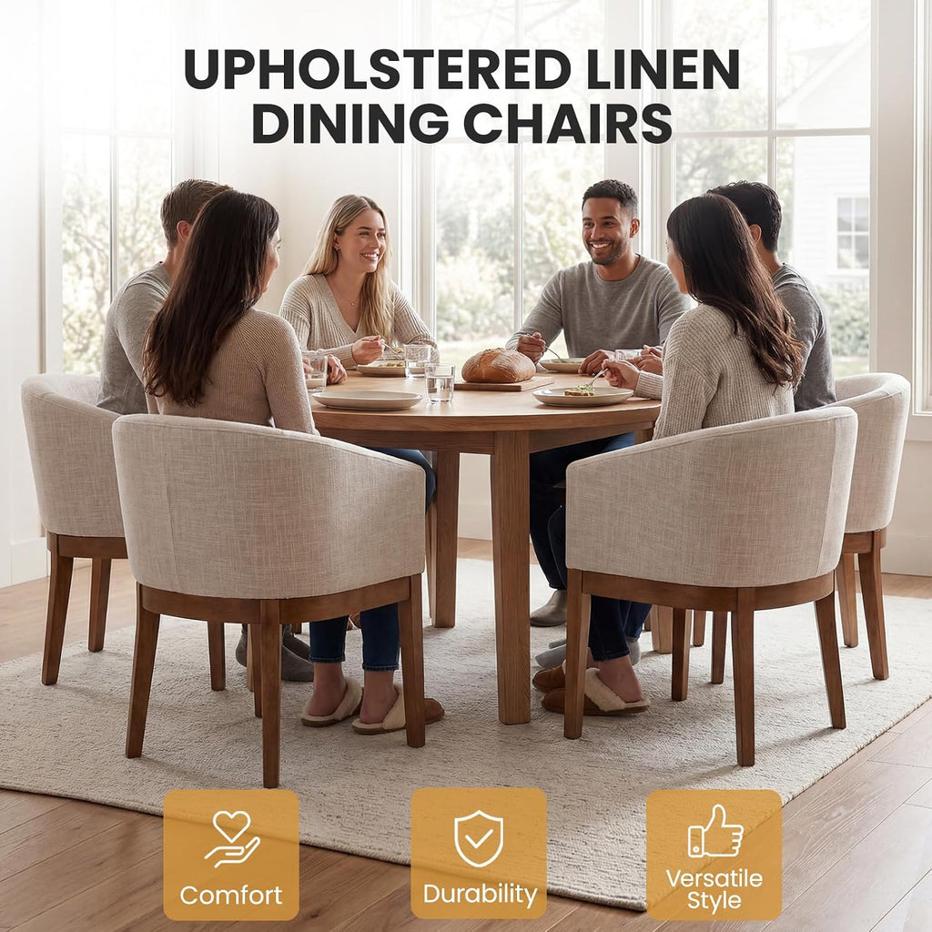 Upholstered Dining Chairs Set of 4 Modern Linen Dining Room Chairs Curved Back Kitchen Chairs with Black Wood Legs